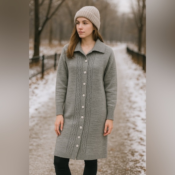 may claire Sweaters - Vintage May Claire Wool Orlon Blend Gray Knit Button-Up Cardigan Duster Coat M